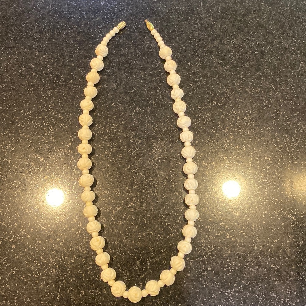 Ivory rose carved tribal off white stone 16” necklace